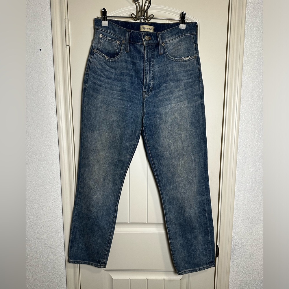 Madewell The Perfect Vintage Straight Distressed Heart Patch Blue Jeans size 30